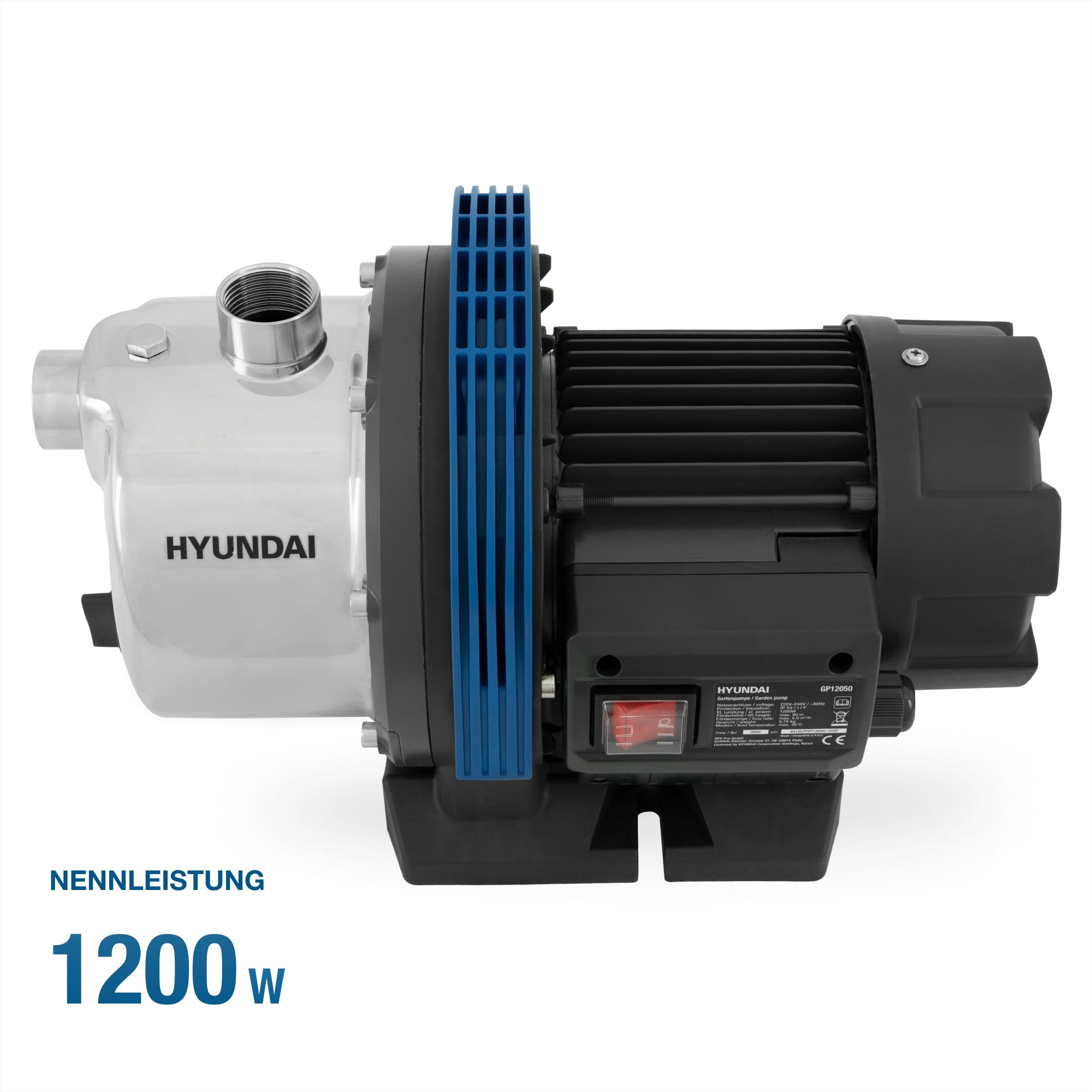 HYUNDAI Gartenpumpe GP12050 | 1200 W, Fördermenge 5.000 l/h | Förderhöhe: max. 50 m, Ansaughöhe: max. 8 m | Edelstahl-Gehäuse | Wasserpumpe