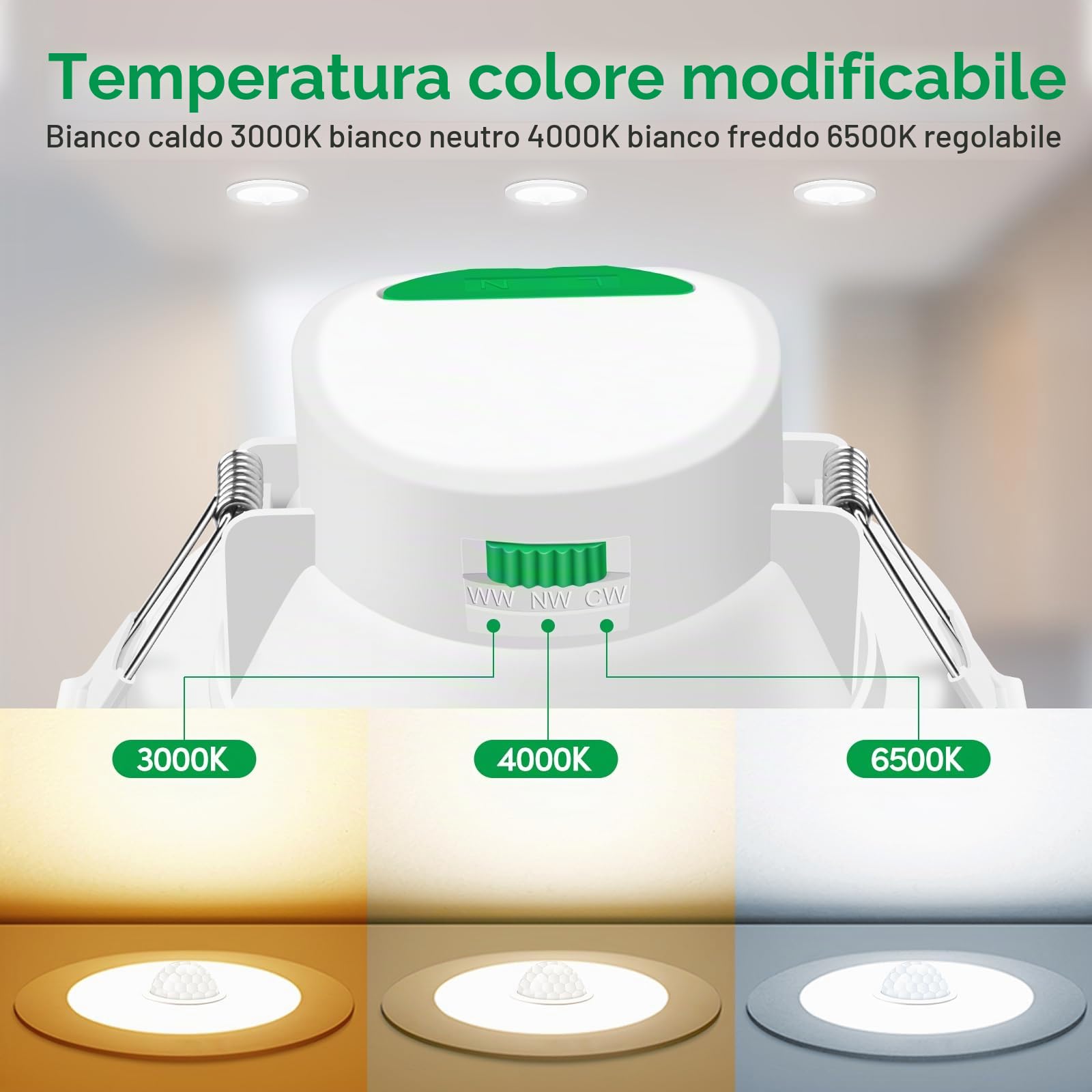 ALUSSO Faretti LED da Incasso per Cartongesso con Sensore di Movimento, 12W 950LM, AC 220-240V, 3000K 4000K 6500K Regolabile, IP44 Impermeabile, Diametro del Foro 90-100MM, 1 Pack