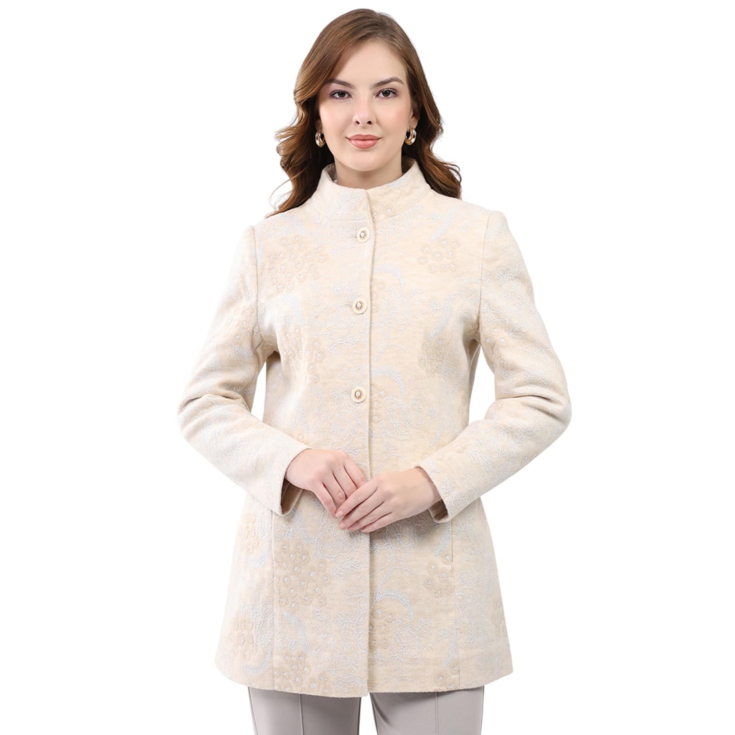 monte carlo Women Regular Fit Self Design Band Neck Side Pocket Button Closure Full Sleeve Winter Coat|Warm Comfortable Jacket| Stylish Outerwear with Buttons | Winter Coat For Women's (Pack Of 1)-picture-33