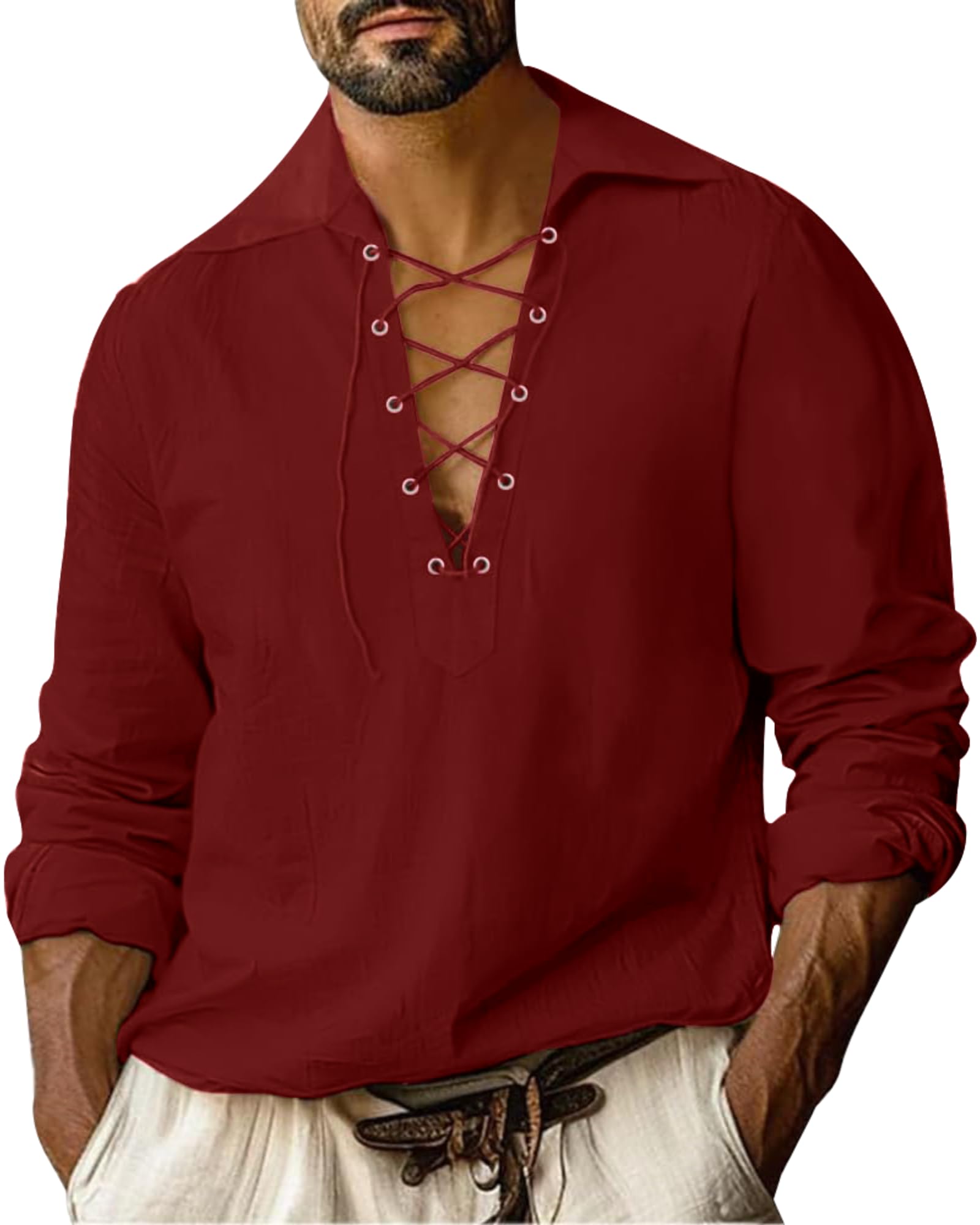 LVCBL Camicia medievale da uomo, in lino, da uomo, a maniche lunghe, da pirata, M-3XL