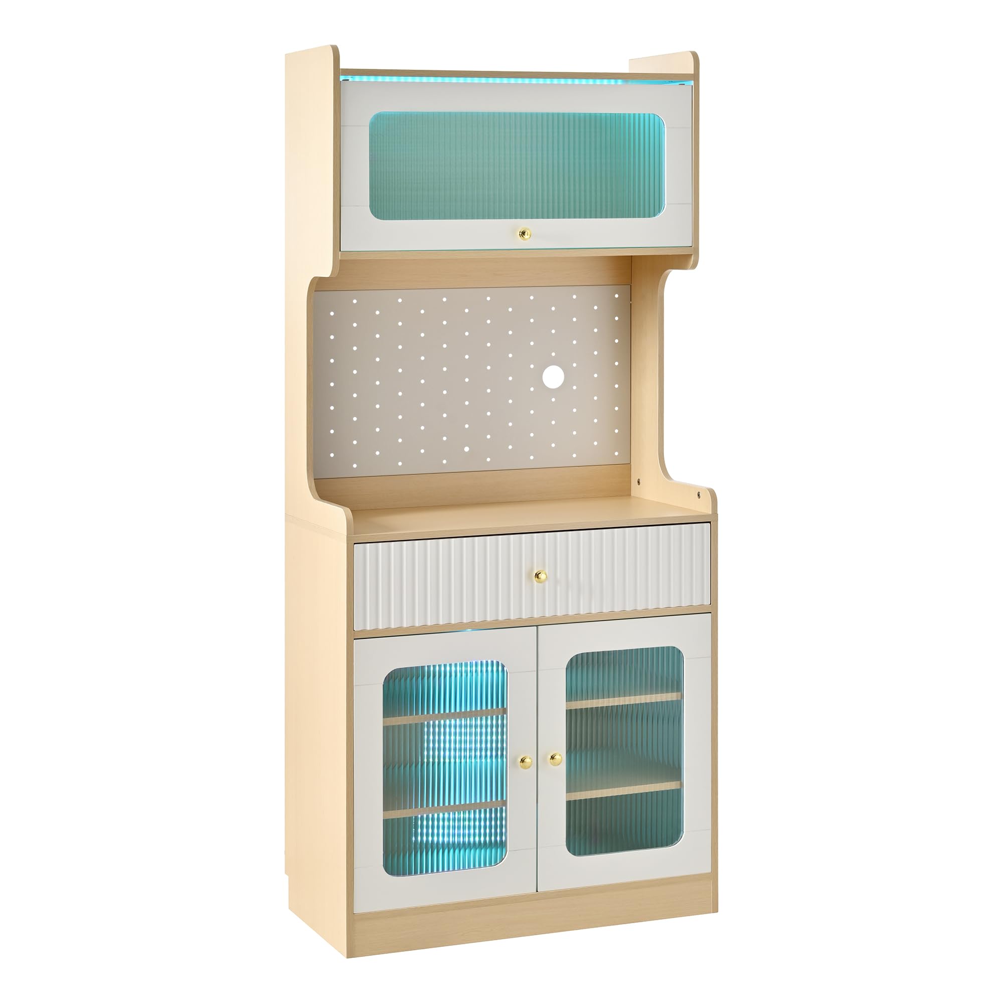 Mobile con ripiani regolabili e cassetti, 80 × 40 × 180 cm, naturale+bianco, armadio da cucina con vetro scanalato, ideale per sala da pranzo, soggiorno e cucina