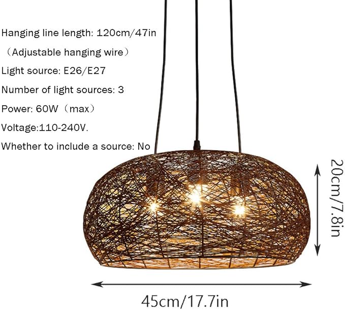 HAIIQU 1 St Industriële Stijl Hanglamp Armatuur Hennepdraad Lampenkap Plafondlamp 3-lichts Knutsellamp Lantaarn Hanglamp Voor Keukeneiland, Woonkamer, Eetkamer,45cm photo 3