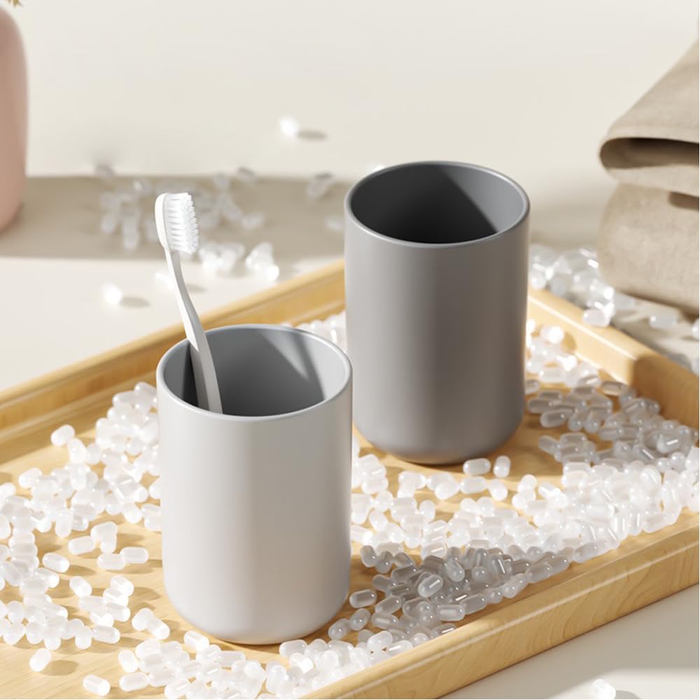 Bathroom Plastic Toothbrush Cup, Tumbler Cup for Home Bathroom Toothbrush Holder, Unbreakable Dishwasher Safe, Reusable and Sturdy Drinking Cup, 11 OZ (White&Grey)