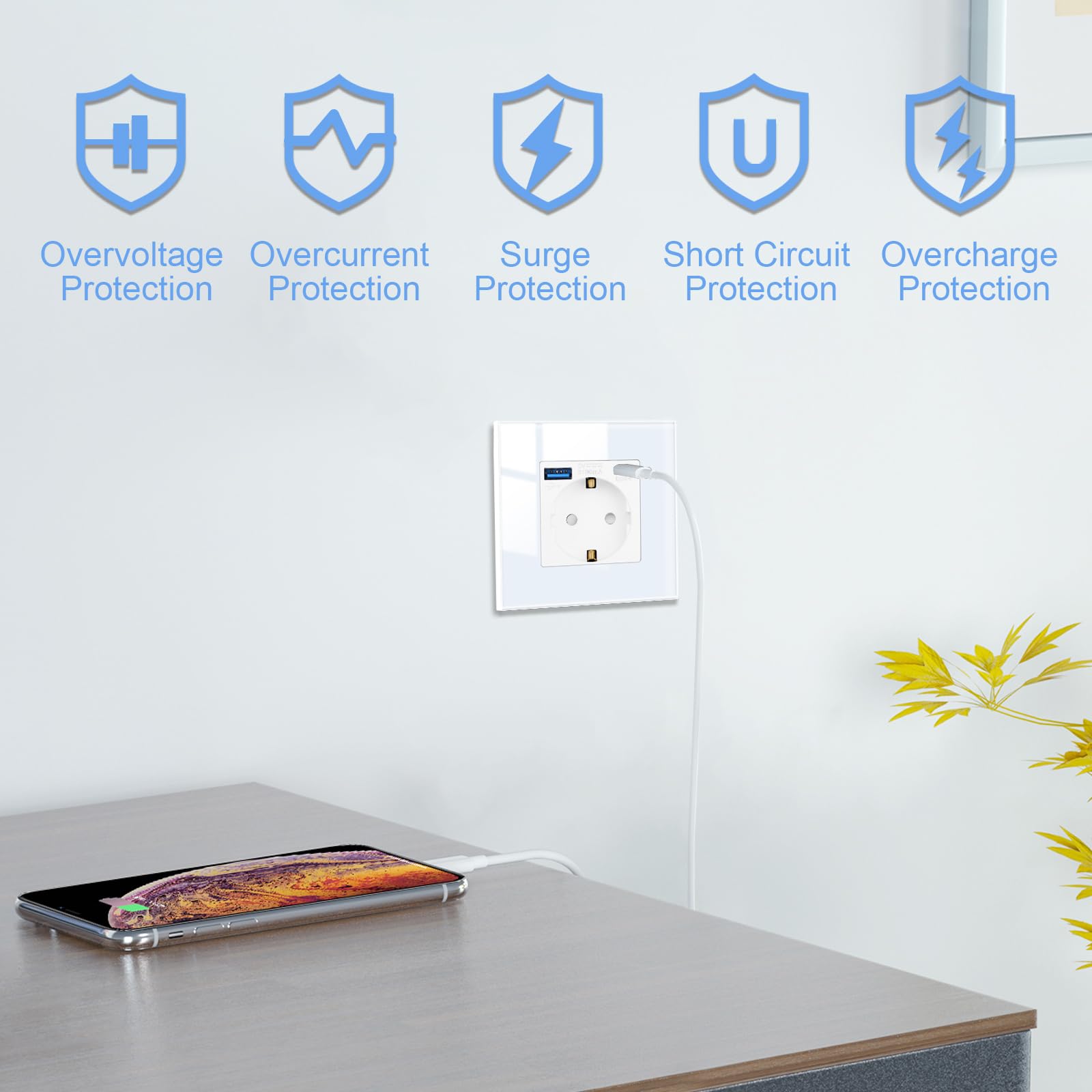JIMEIDA Pack 4 bases con USB 20W cristal blanco de empotrar, 1 compartimento Bases de 16Amp con USB A y Tipo C, 86 * 86mm, 250V