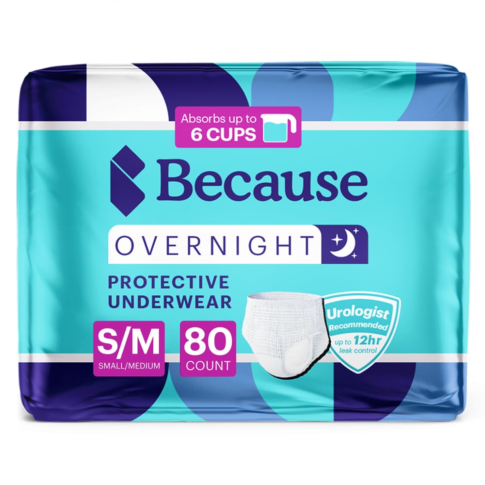 Because Overnight Absorbency Pull Ups - Adult Disposable Incontinence Underwear, Extra Absorbent Nighttime Briefs for Men and Women, White, Small/Medium, 80 Count (4 Packs of 20)OEKO-TEX STANDARD 100