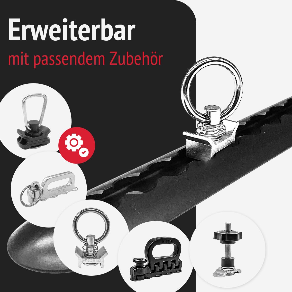 Set Schwarze halbrunde Airlineschienen 1.0 m, passende Endkappen, Klemmschlossgurte, Fittinge und Rundsperrbalken. KTL-beschichtet Zurrschiene für Transporter, Wohnwagen, Sprinter, Anhänger