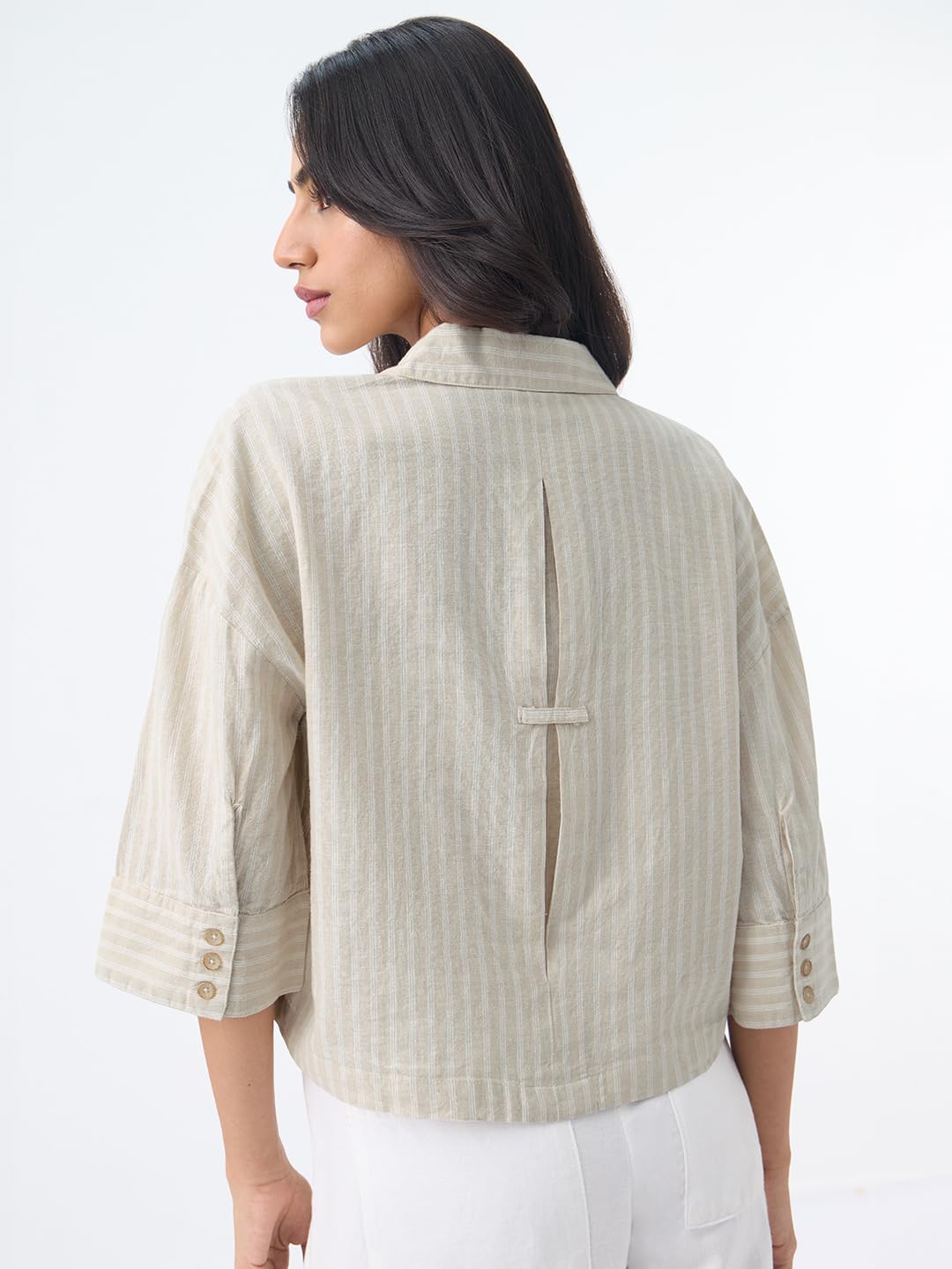The Souled Store Camicia in cotone e lino: camicia da donna e ragazza, maniche con spalle scoperte, colletto largo, a righe, leggera, casual, oversize