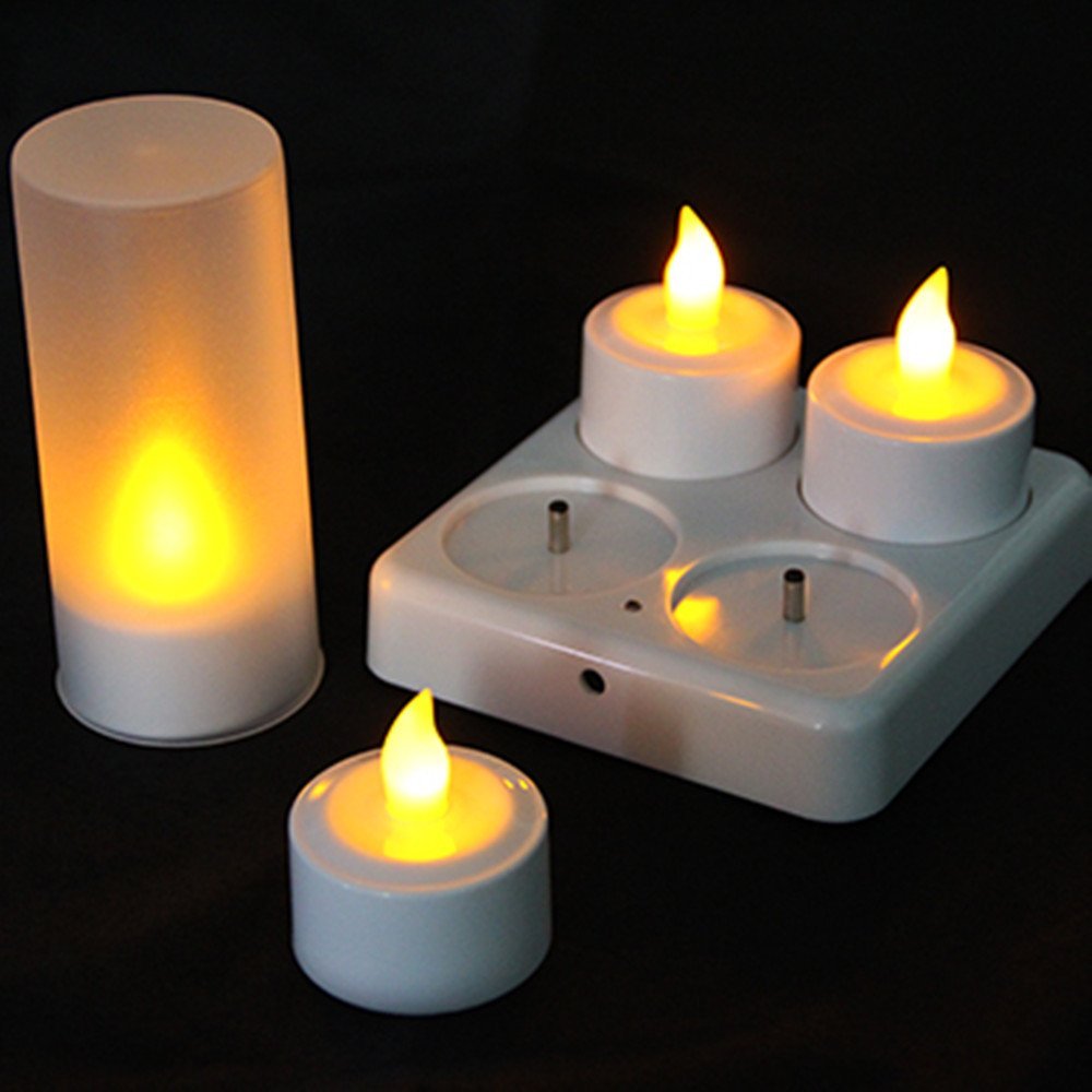 EuroFoneLED Candles Plastic Rechargeable Tealight Flickering with Charging Dock, Set of 4 (Yellow) (Yellow)