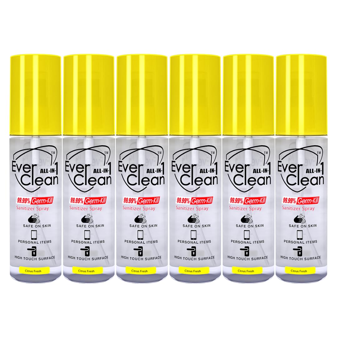 EverClean All-in-1 Sanitizer Citrus Fresh 50mL | Clinically Proven 99.99% Germ Kill, Natural Ingredient Extract, Disinfects and Sanitizes Hands, Personal Items, High-Touch Surfaces, Antibacterial, Quick Dry, Non-Sticky & Safe on Skin (Pack of 6)