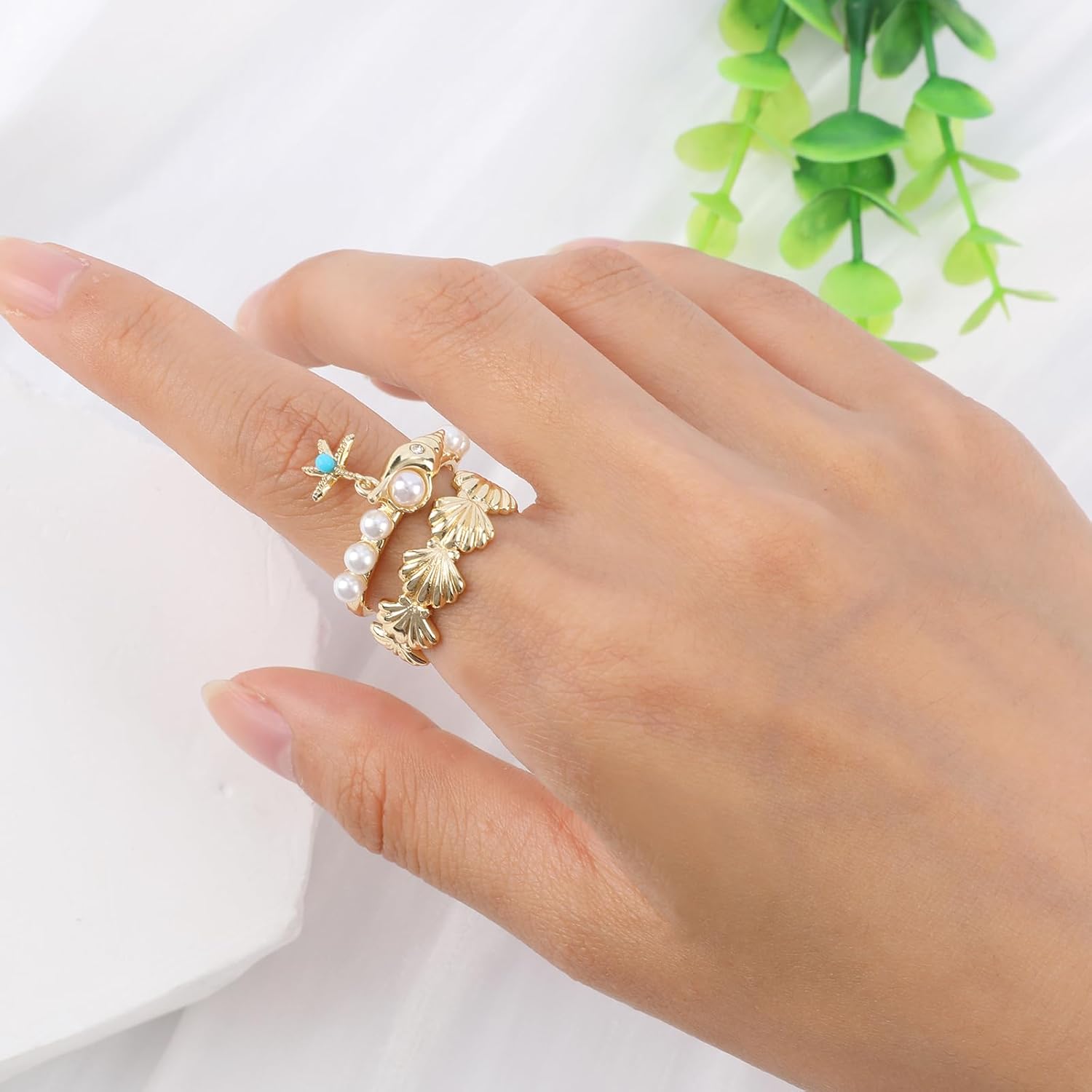 Shell Ring Flower for Women, Double Layer 14k Gold Plated Seashell Pearl Pink Daisy Flower Ring with Starfish Dangle Ocean Theme Stackable Ring Handmade Bohemian Beach Rings Gift for Ocean Lovers - Image 5