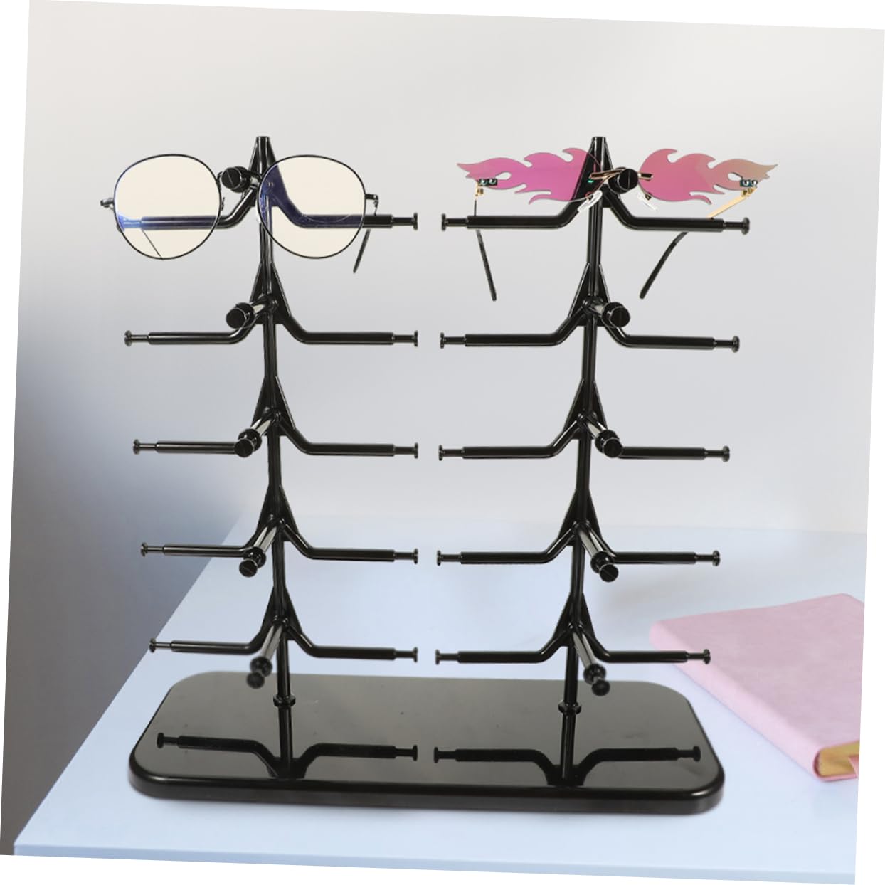 POPETPOP Porta Gafas para Escritorio 2 Piezas Negro Plástico Doble Nivel | Fiesta Verano, Organizador de Gafas, Estante para Gafas de Sol, Múltiples Capas y Gran Capacidad