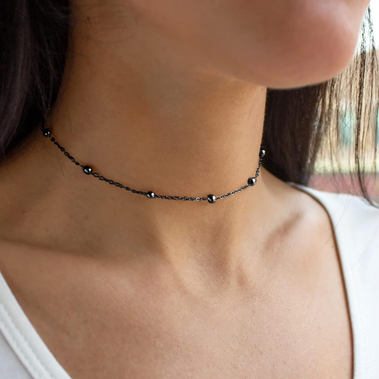 FOCALOOK Choker Necklace for Women Dainty 14K Gold Plated Double Layered Necklace Silver Black Metal Satellite Beaded Boho Choker Chain - Image 7