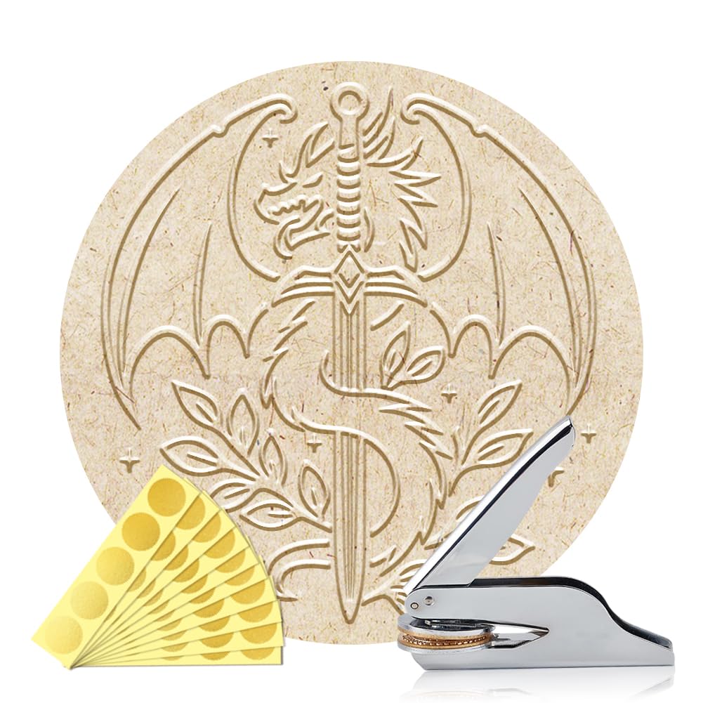 ANATTASOUL Book Embosser Personalized Dragon Sword Pattern Book Stamp, Durable Library Stamp with Handle Set for Paper Books