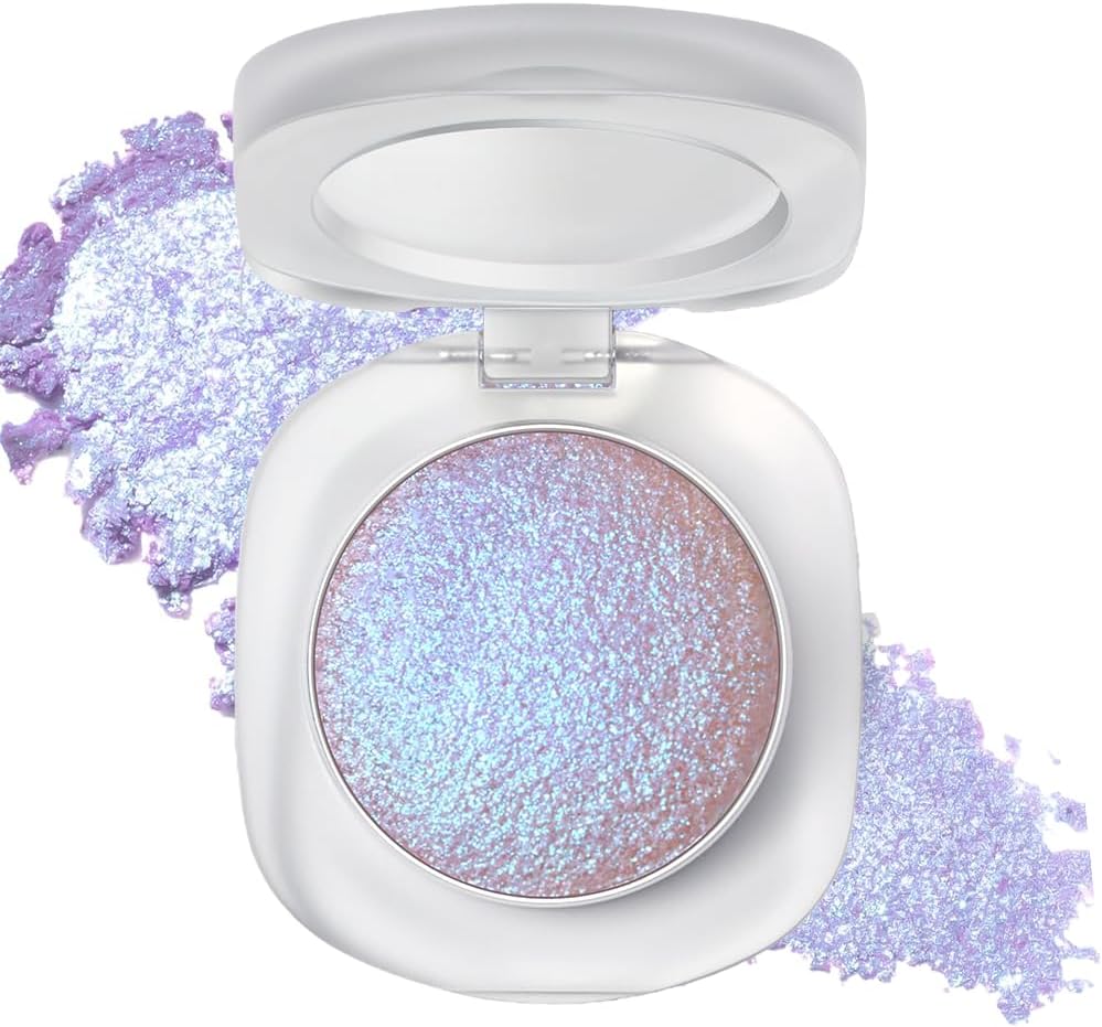 Holographic Chameleon Eyeshadow Palette, Cream to Powder Duochrome Color Shift Glitter Iridescent Highlighter, Smooth Long Lasting Sparkling Eyeshadow Purple Mermaid Facial Illuminator Makeup