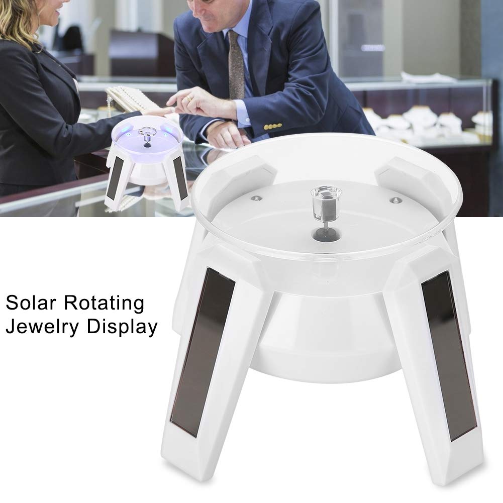 Solar Rotating Display Stand, 360° Rotating Turntable with LED Light for Watch Phone Jewelry Display (White)