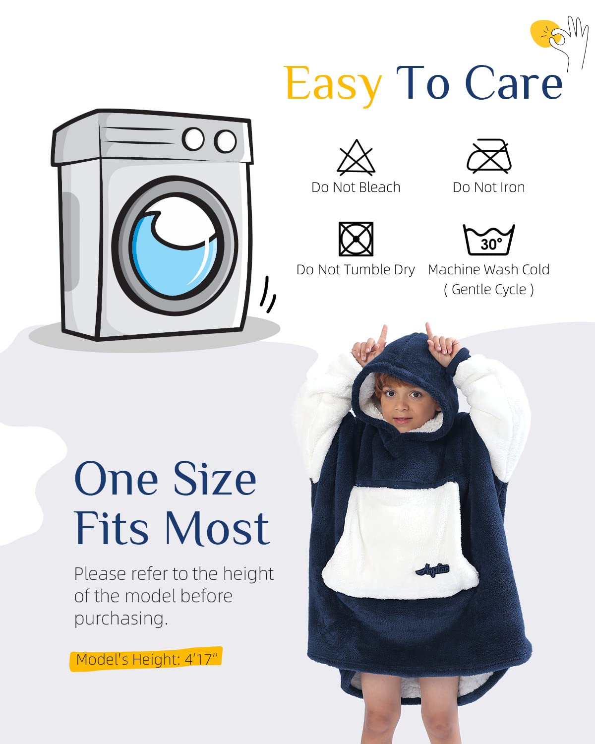 Argstar Übergroße Hoodie decke Kinder, tragbare Decken Hoodie für Mädchen Junge, weiche Kapuzendecke, kuschelige Sherpa-Decke, warmes Hoodie mit Tasche und Ärmeln, Navy blau