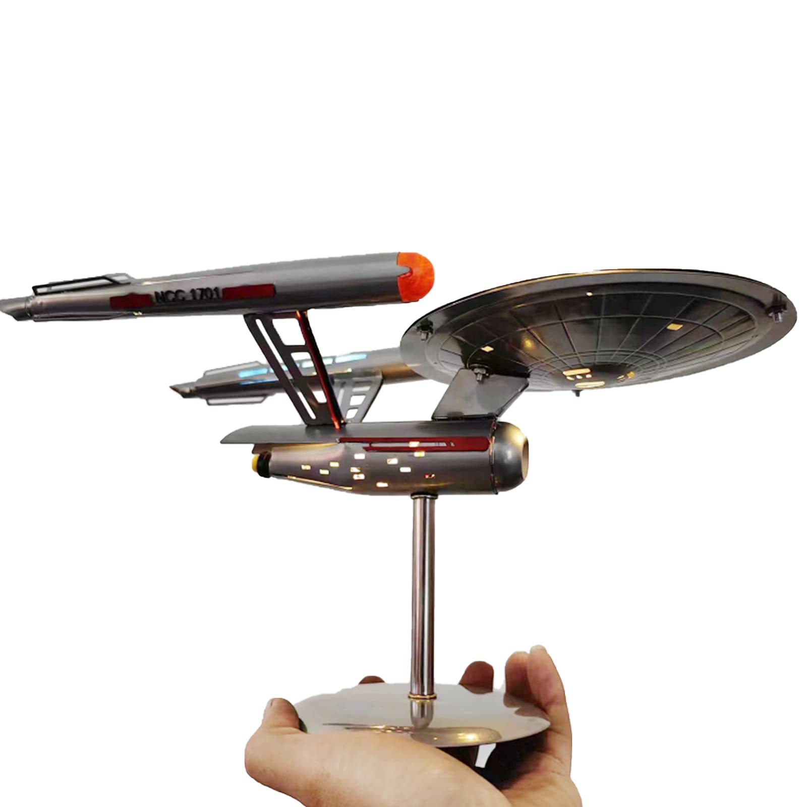 Spaceship Model Ornaments, Stainless Steel USS Enterprise NCC-1701 Replica Spacecraft, Suitable for Office Home Decoration and Collection, Gift for Kids Men (Without Light)