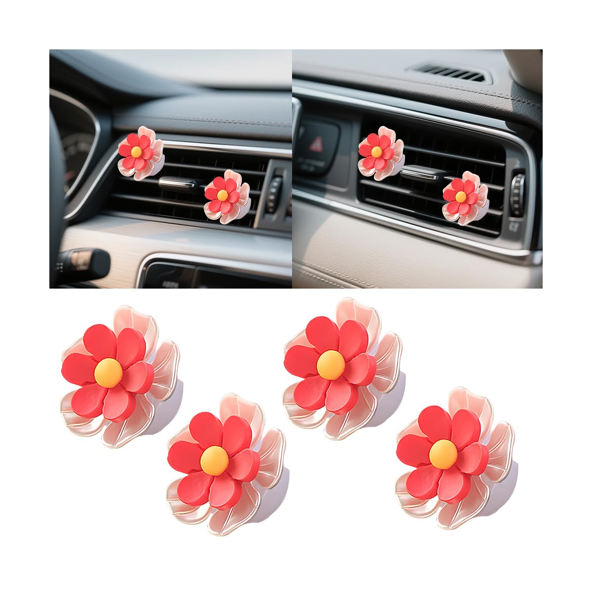 Flower Car Air Vent Clips, 4 PCS Cute Vehicle Air Conditioning Outlet Clamps, Automotive Interior Dashboard Charm Decoration Accessories, Universal for Sedan, SUV, Truck (Red)