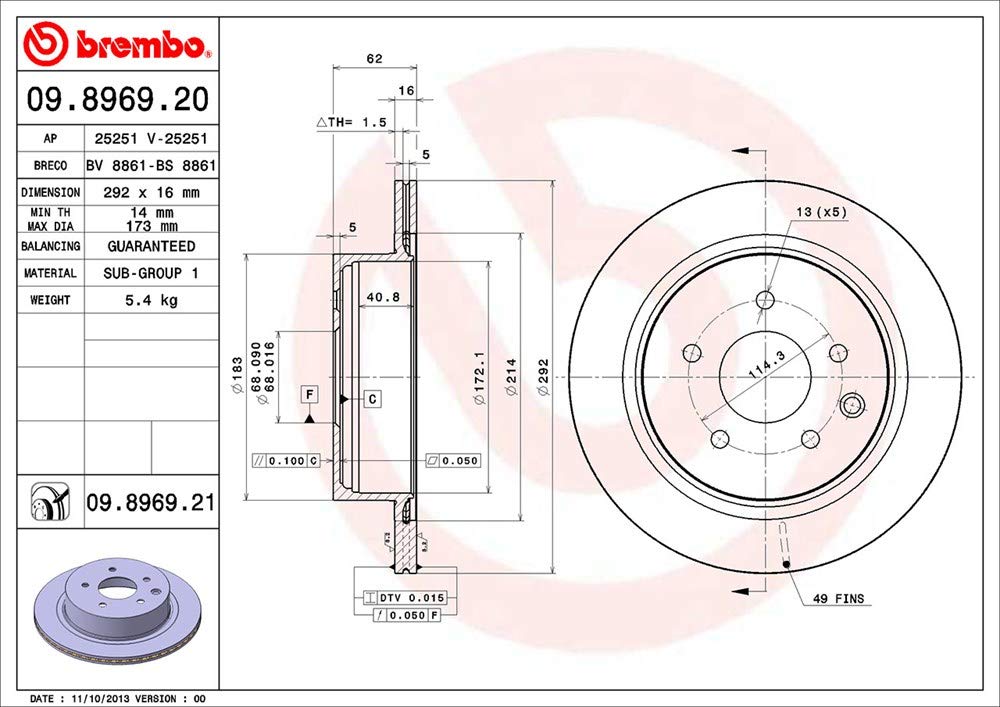 Brembo 09.8969.21 Rotores de Discos de Frenos
