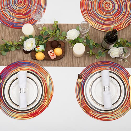 Image of SHACOS Round Braided Placemats Set of 6 Table Mats Colorful Place Mats for Dining Tables Holiday Party Decor (Rainbow Red, 6)