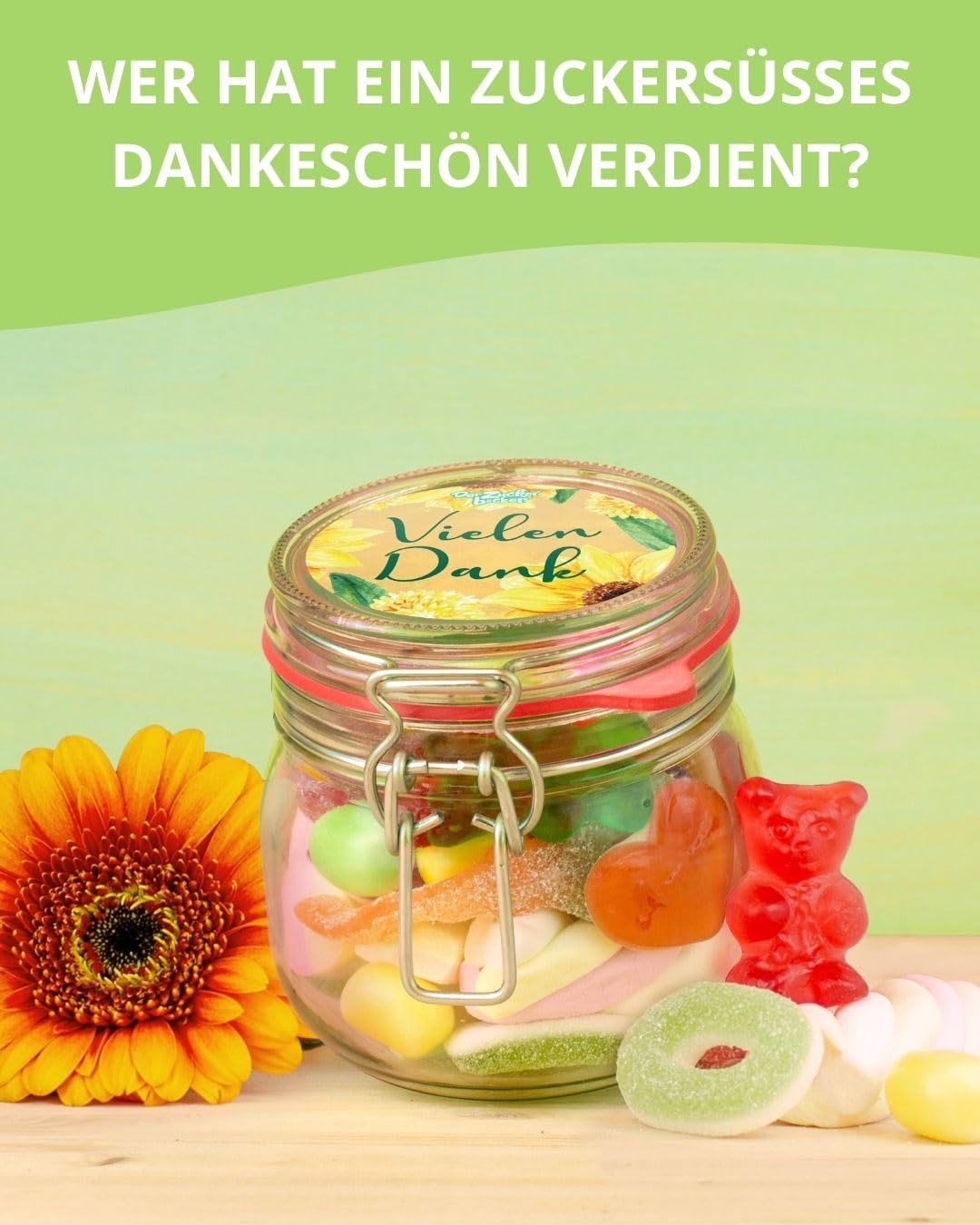 Kleines Vielen Dank Glas – süßes Geschenk-Glas für Freunde und Familie, bunter Süßigkeiten-Mix, 320 g Lebensmittel & Getränke