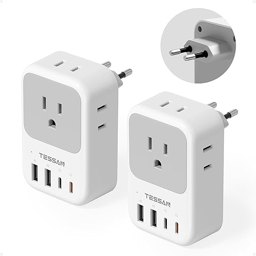 TESSAN Adaptador de enchufe de viaje europeo, 2 unidades, adaptador PD de 20 W para enchufe de Europa con 4 salidas de CA, 4 USB (2 USB C),