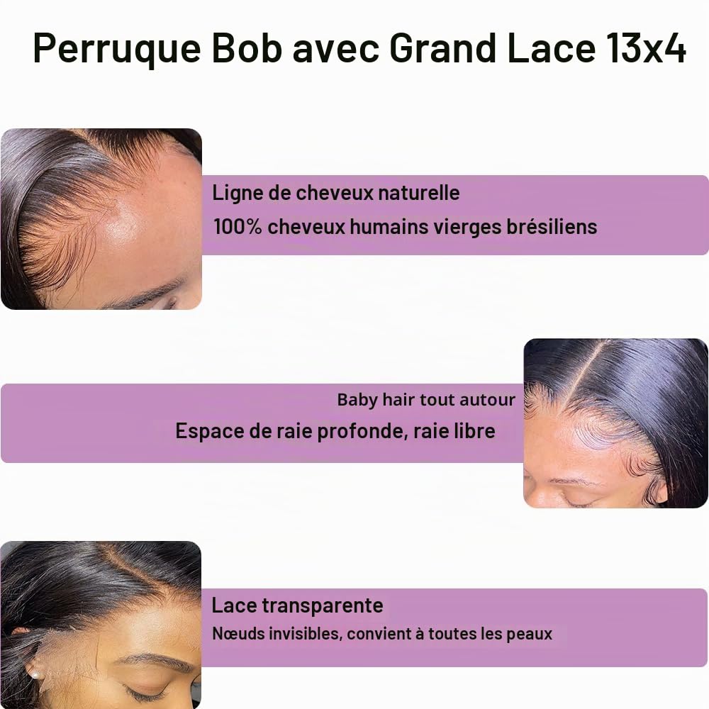 Perruque Bresilienn Cheveux Humain 13×4 Lace Frontal Bob Wig 180% Density Perruque Femme Naturelle Courte Straight Bob Lace Wig Human Hair Couleur Naturelle 14 Pouces for Women