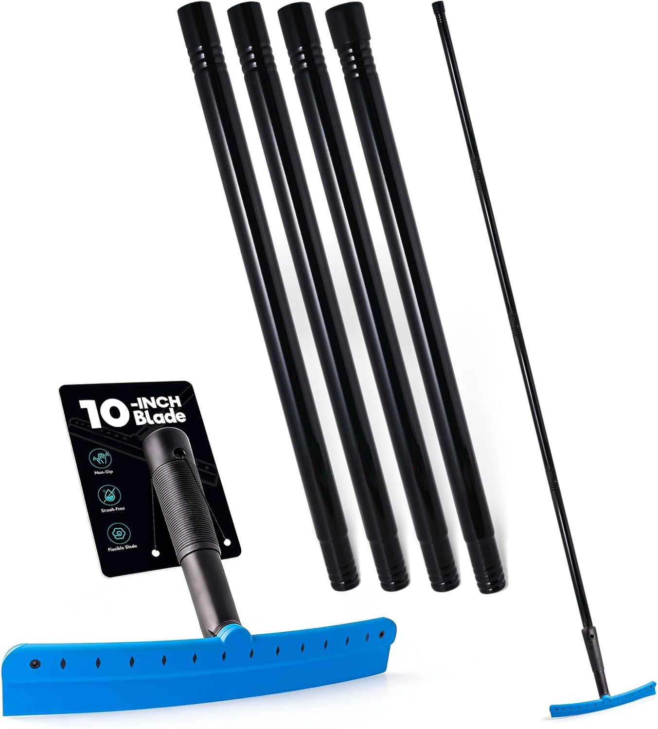 FOSHIO TPU Squeegee 10-Inch Blade with 4 Extension Poles (Extends up to 63 Inches), Anti-Slip Grip Handle Rubber Squeegee Streak-Free Cleaning for Car Windows, Shower Doors, Mirrors, Glass