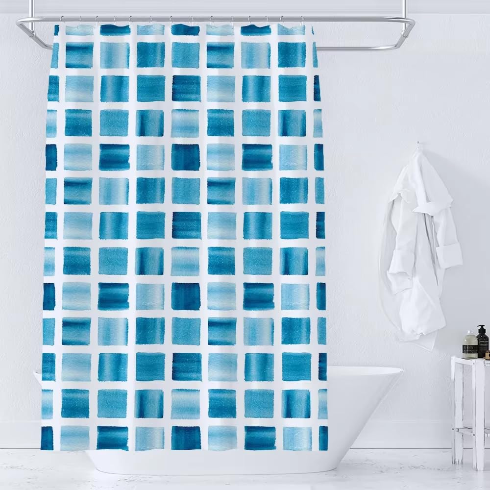 Rideau de douche haut de gamme en polyester bleu au design mosaïque élégant