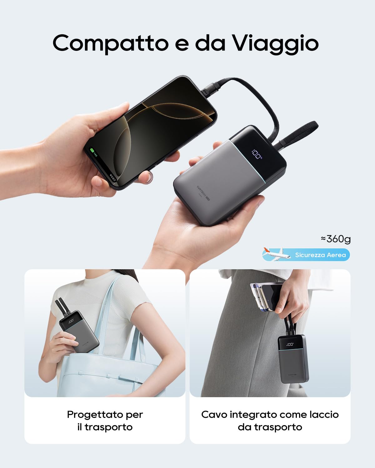 CUKTECH Power Bank 20000mAh Cavi USB-C e Lightning MFi Integrati，Caricatore Portatile Ricarica Rapida 40W,Batteria Esterna con 4 Uscite per iPhone 17/16/15/14/13/12 Pro Max,iPad,Samsung Galaxy