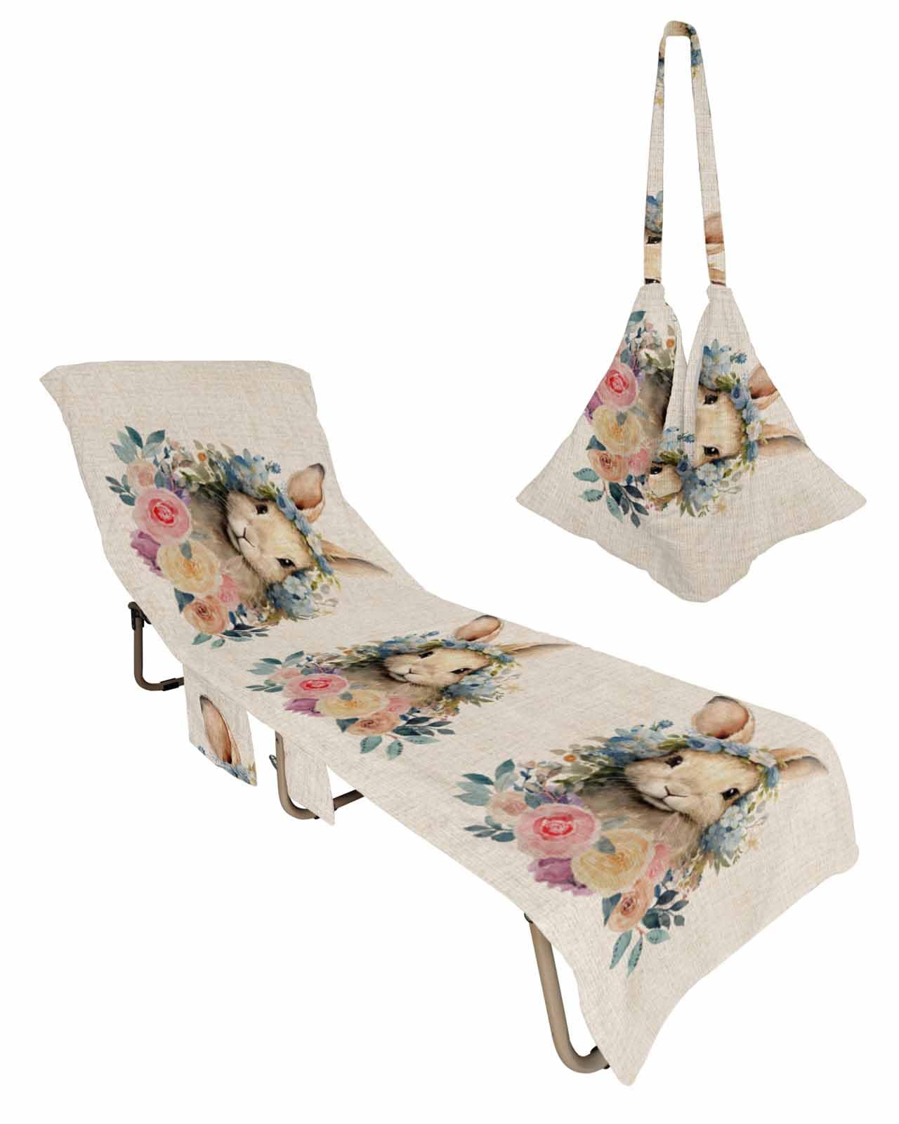 Easter Bunny Beach Chair Towel Covers for Chaise Lounge with Side Pocket, Soft Plush Pool Towels Cover for Patio Sunbathing Outdoor 29''x85'' Easter Rabbits Farmhouse Country Floral Beige