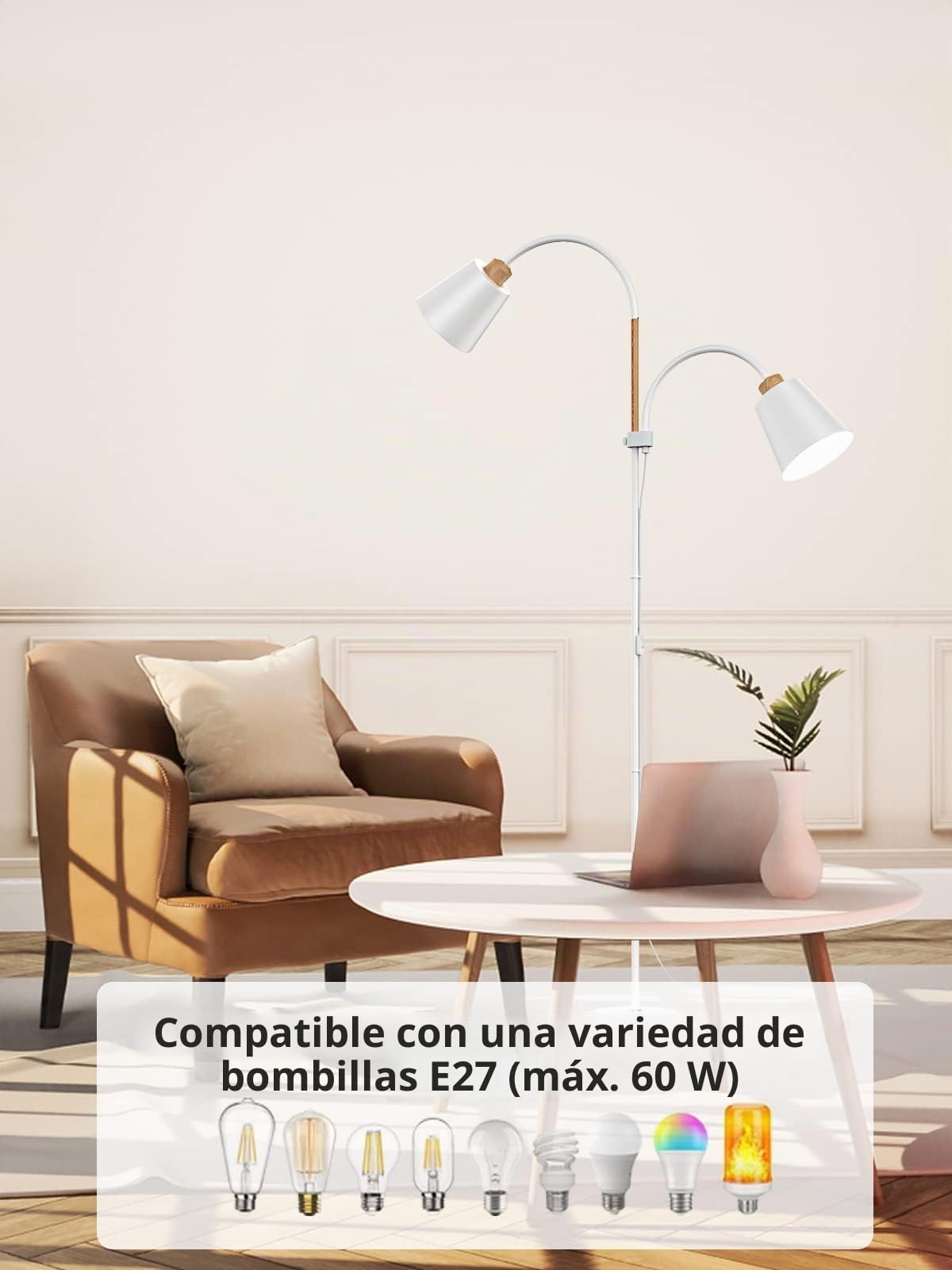 ANTENLICHT Lámpara de pie blanca VILI | Casquillo E27 máx. 60 W | Giratorio 360 ° 2 cabezales de lámpara | Moderna lámpara de metal con altura de 159 cm | para salón, dormitorio, estudio, sin bombilla