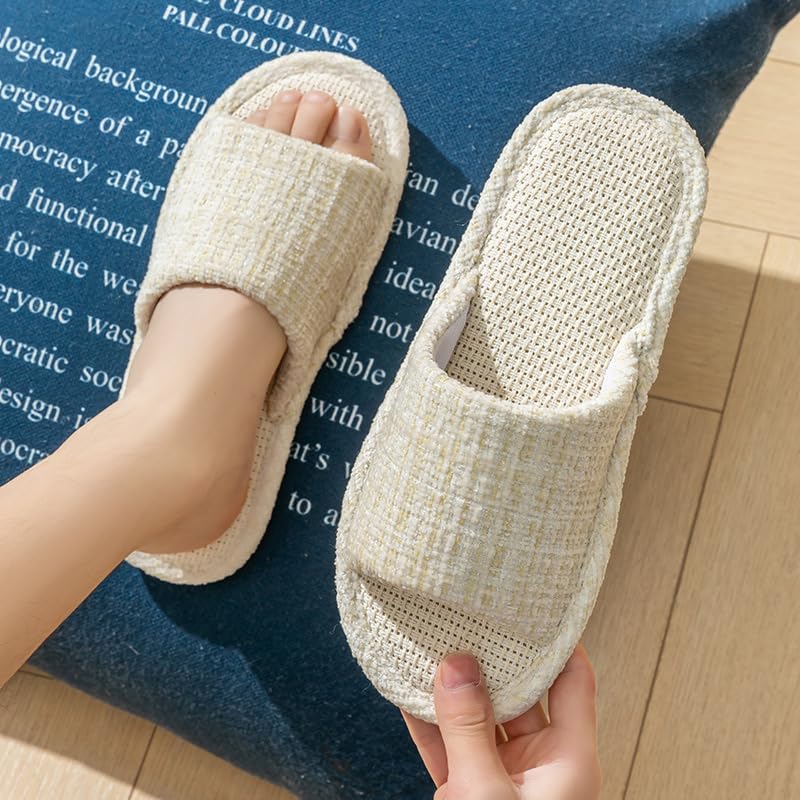 Women's Indoor Linen Slippers, Soft Cushioned House Slides, Anti-Slip Open Toe Cotton Blend Slippers for All Seasons