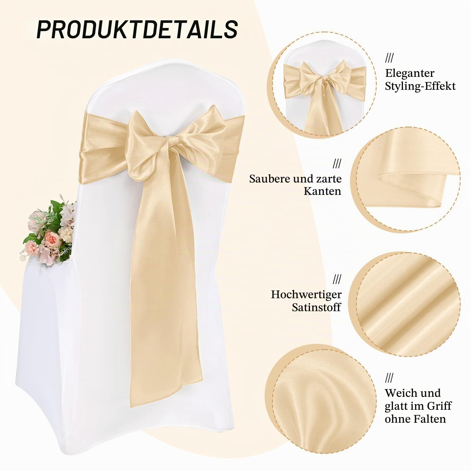 Pesonlook 100 Stück Champagner Gold Satin Stuhlschärpen Stuhl Dekorative Schleife Entworfene 17 x 275 cm Stuhlschärpen Schleife Krawattenband für Hochzeit Party Hoteldekoration (Champagner Gold)