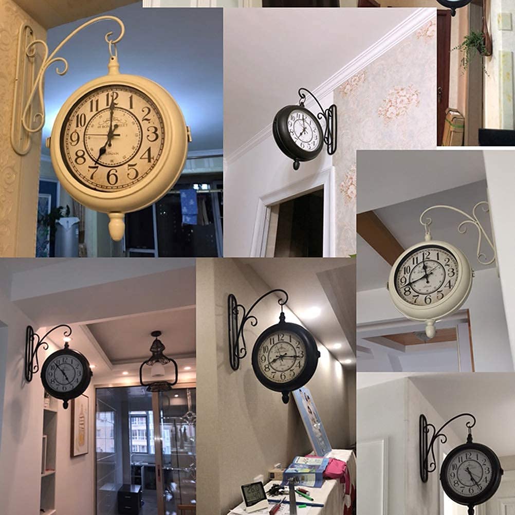 XJBTBA Orologio da Parete Orologio da Parete Orologi da Giardino per Esterni Rotondo, Orologio con Staffa, Orologi da Parete silenziosi su Due Lati Soggiorno, Orologio da Parete in Ferro a Doppia