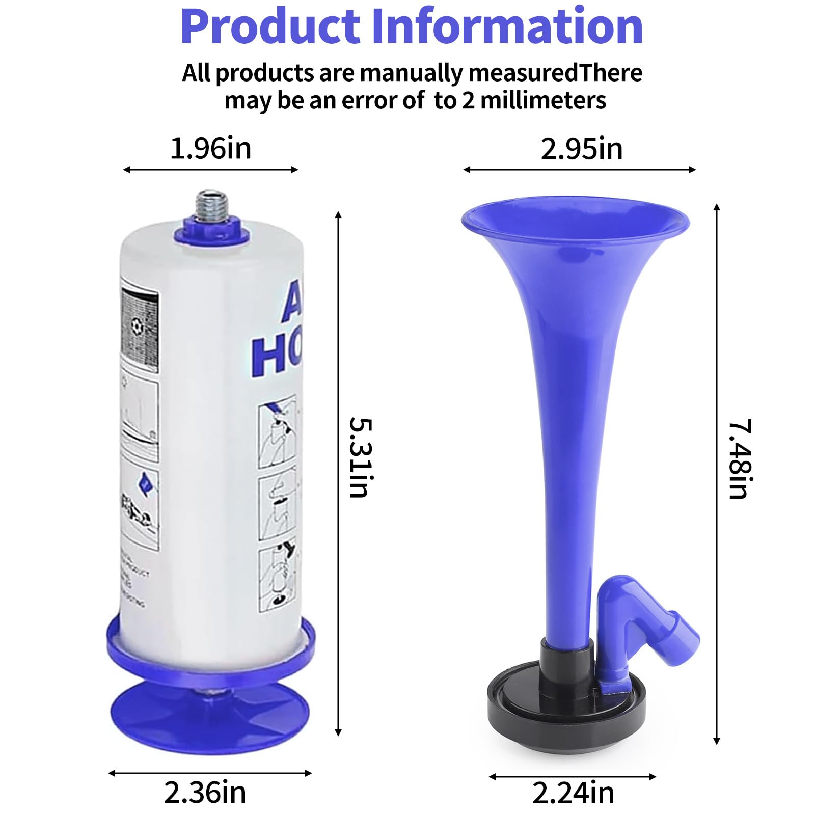 AirHorn, Metal Fanfare Compressed Air Horn Tröte Laut, Signal Horn, Klassische Air Horns Signalhorn Krachmacher, Football, Handball, World Cup, Luftdruck-Fanfare, Tröte zum Anfeuern (Blau-2pcs)