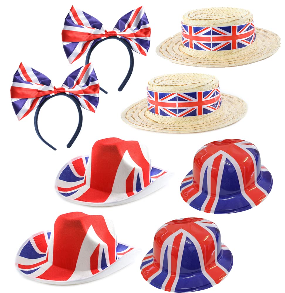 Union Jack Hat Set - 8pc Set - Union Jack Bow Headband, Boaters, Cowboy Hats, Bowlers - King's Street Party Fancy Dress Accessorys VE DAY COMMONWEALTH