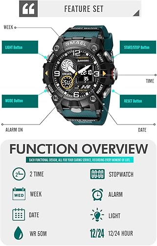 Miniatura 3 de KXAITO Relojes deportivos para hombre, impermeables, militares, con fecha, tácticas, LED, alarma facial, cronómetro, 8055, 8055 Verde Oscuro, Militar