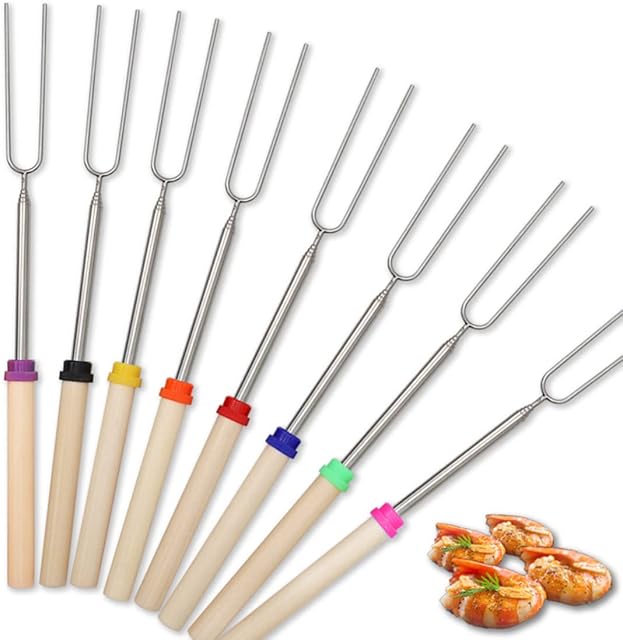 AidShunn 8 Pack Barbecue Forks, Marshmallow Roasting Sticks Extendable Stainless Steel Hot Dog Fork with Wooden Handle Retractable BBQ Telescoping Skewers for Camping, Bonfire, Fireplace, Picnic