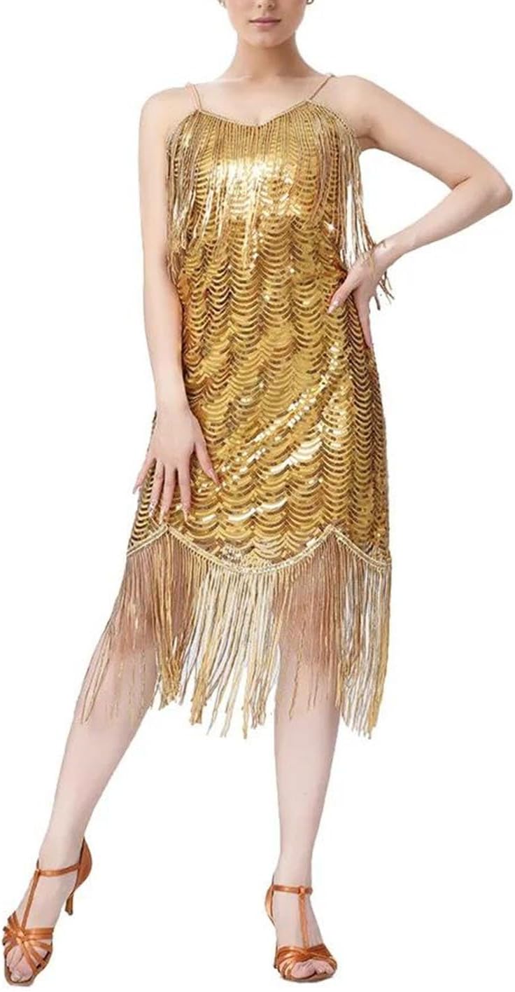 Women Fashion Sequin Latin Dress Autumn Solid Tassel Detail Stylish Outfit for Latin Dance Practice Stage Show
