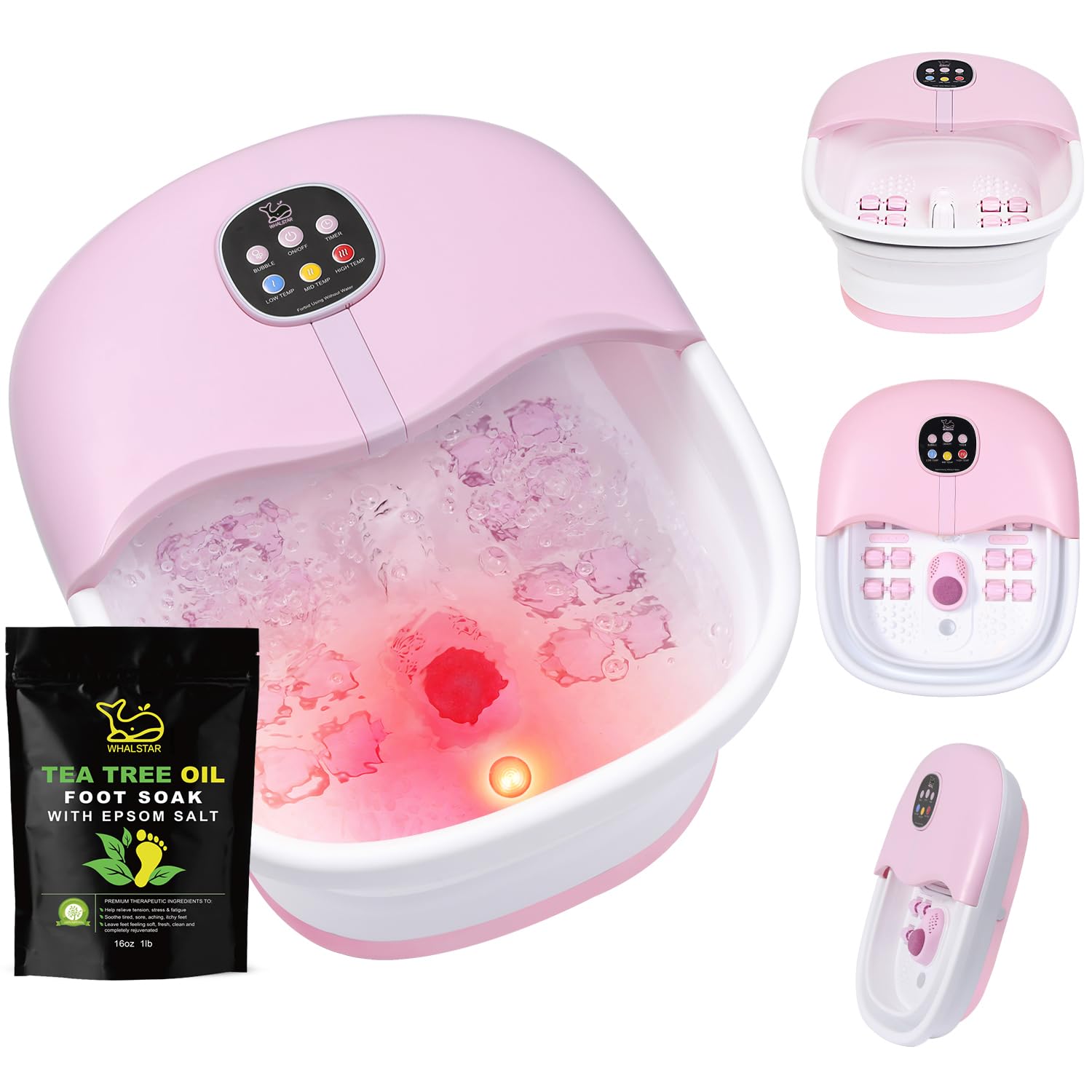 Photo 1 of WHALSTAR Collapsible Foot Spa Bath Massager with Heat Bubbles and Vibration Massage and Jets, 16oz Tea Tree Oil Foot Soak with Epsom Salt, Foot Bath Basin with Red Light & Remote - Pink