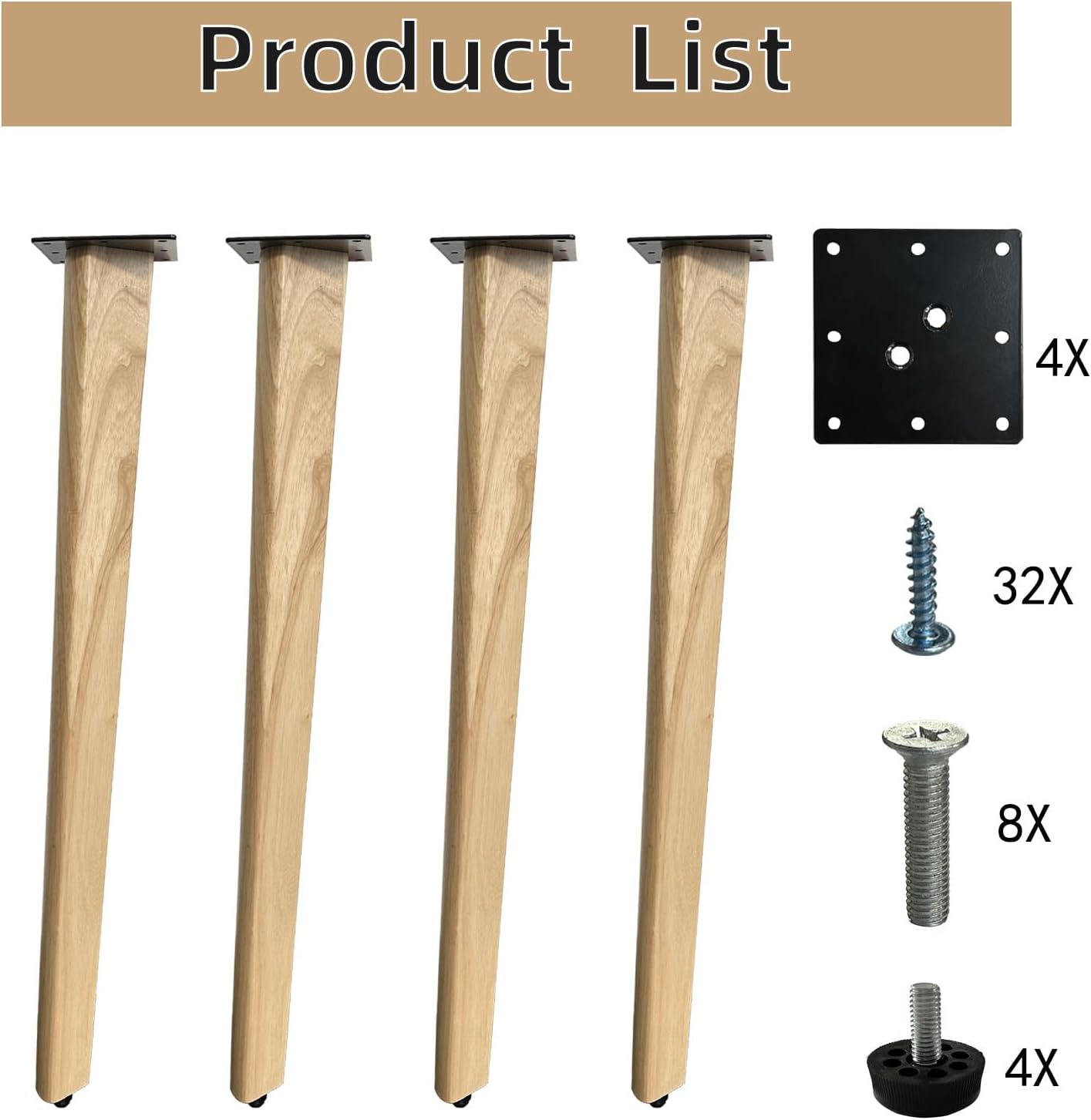 QLLY 28 inch Slant Wooden Table Legs, Solid Wood Angled Desk Legs, Furniture Legs, Set of 4, Easy to Install - Perfect for DIY Dining Tables, Coffee Tables, and Benches (Natural, 28")