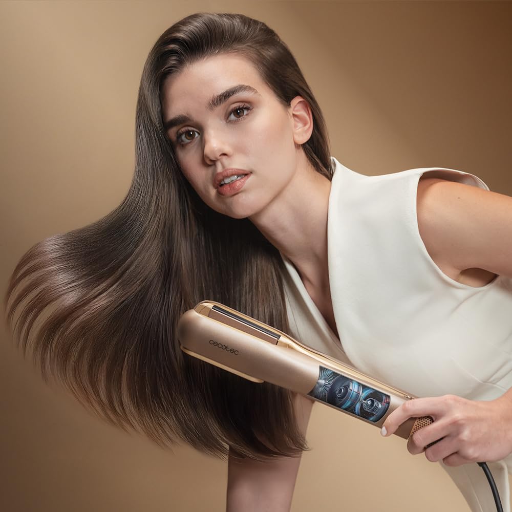 Cecotec Plancha de Pelo con Aire AirLisse 2in1 ForceDry Champagne. 1120000RPM, Flujo de Aire 19,7 Litros por Segundo, 2 Cabezales Imantados, Plasma, Motor Brushless, 4 Temperaturas y 2 Velocidades
