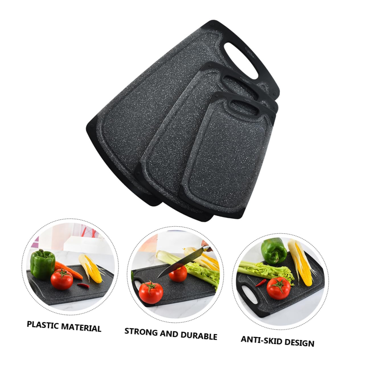 Tagliere Nero in Plastica Spesso 3 Pezzi, Antiscivolo