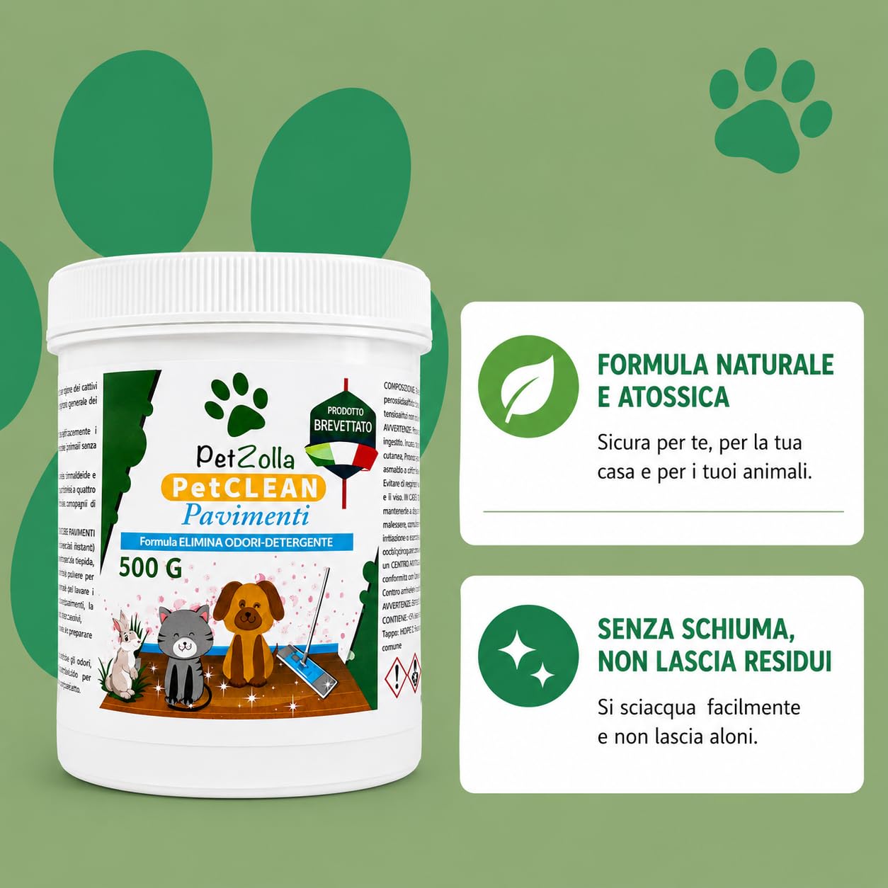 Detersivo pavimenti animali naturale 100 bustine monodose da 5g, Detergente pavimenti non schiumogeno senza cloro sicuro per animali, lavapavimenti detersivo in polvere 500g - Made in italy