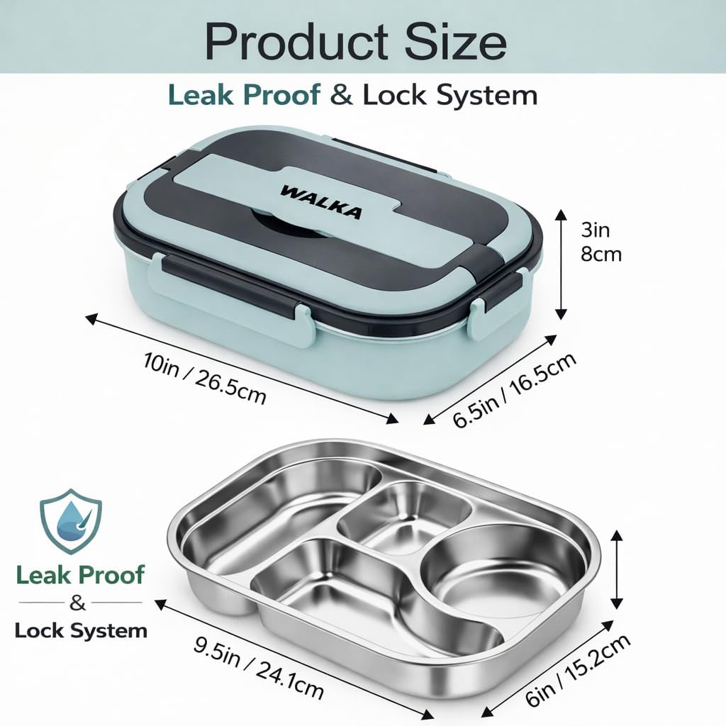 WALKA Stainless Steel Lunch Box for Adults – Leakproof 4 Compartment Metal Bento Box with Insulated Lunch Bag, 304 Food Grade Steel, BPA-Free, Dishwasher Safe (Blue)