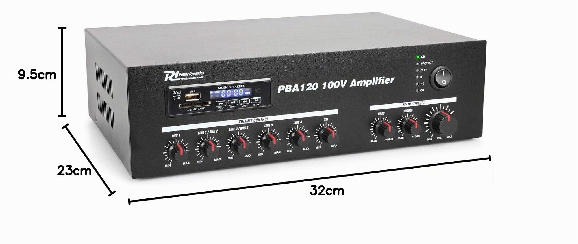 Power Dynamics PBA120 Amplificador de línea 100V 120W | Reproducción desde USB, SD o radio FM, ecualizador integrado, múltiples entradas de audio y micrófono.