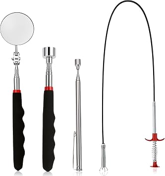 4Pcs Magnetic Pickup Tool Set with 360 Inspection Mirror, 2 Extendable Magnetic Pick Up Tools up to 29.5" & 20"& 35" Flexible Claw Grabber,Heavy Duty Telescoping Gadgets for Mechanic,Auto Repair