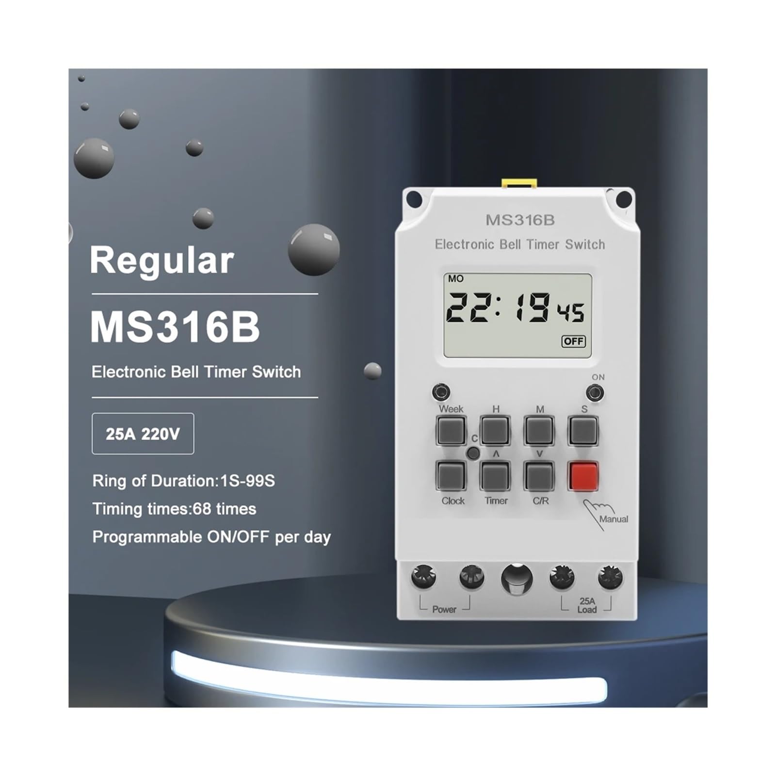 Temporizador programable de 220 V y 25 A con Interruptor y Controlador de Tiempo de Timbre Escolar