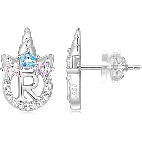 Unicorn Sterling Silver Initial Earrings for Girls Women - Hypoallergenic 14K Gold/White Gold/Rose Gold Plated Letter Earrings for Little Girls Kids - Unicorn Gifts